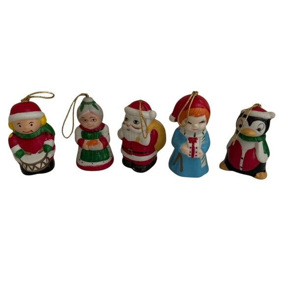 5 Vtg Hand-Painted Ceramic Christmas Bell Ornaments Santa Mrs Claus Drummer - Picture 1 of 7